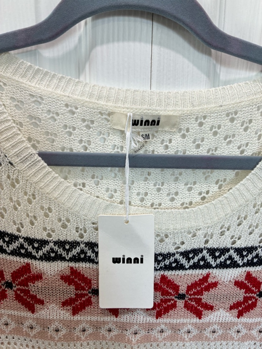 Ivory Open-Knit Crewneck Sweater with Red Fair Isle Accents - Picture 7 of 7